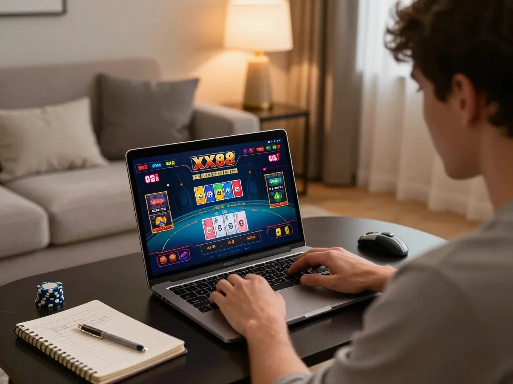 Player engages in online casino on XX88, showcasing chips and cards on laptop screen in a cozy atmosphere