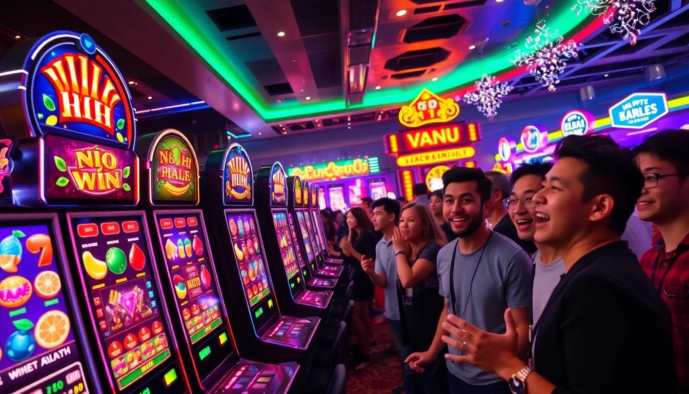Nổ Hũ slot machines in a vibrant casino setting with players celebrating big wins.