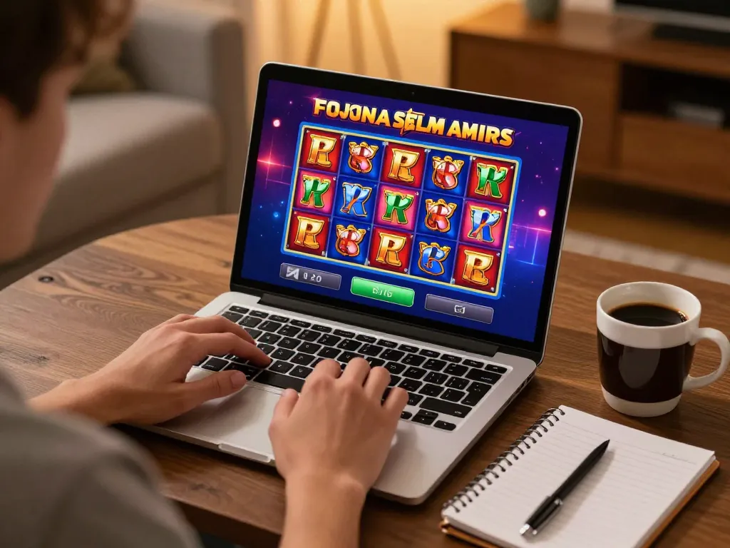 Player enjoying online gambling with ta88, engaged in slot games at home.