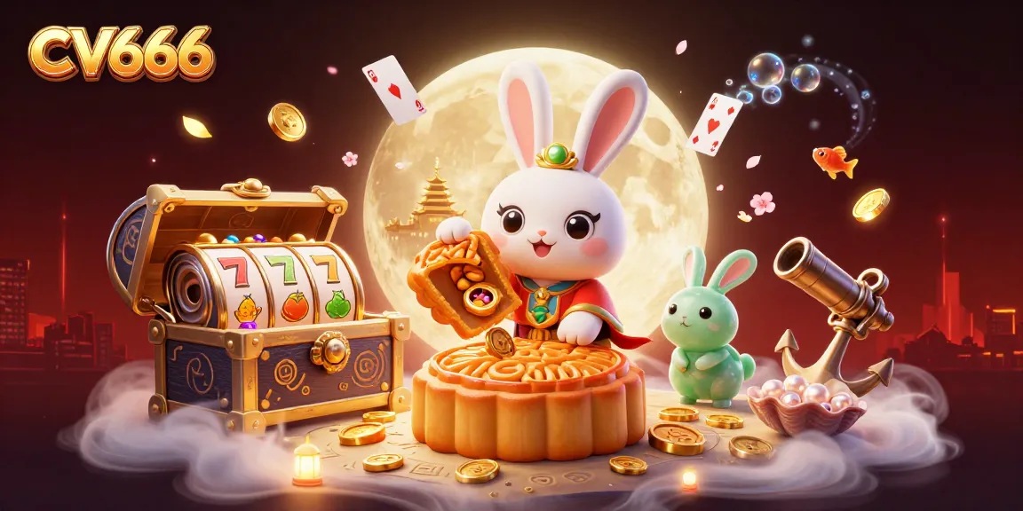 Engage with CV666's thrilling slots, highlighted by moon rabbit characters and explosive treasures in a casino-themed illustration.
