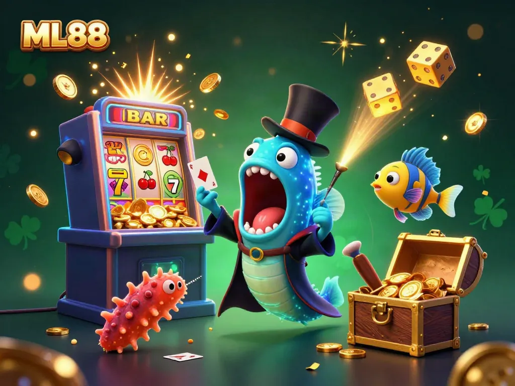 Experience the magic of ML88 with a cartoon eel performing tricks surrounded by casino elements and jackpot excitement.