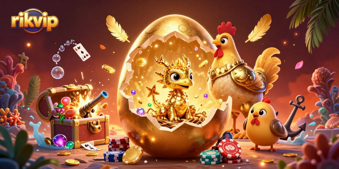 Engage with rikvip's vibrant gaming world featuring a golden dragon and poker chips.