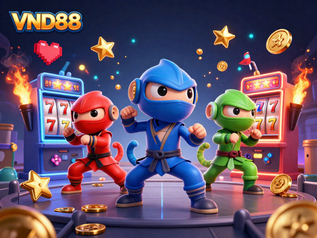 Join the excitement at VND88 with ninja chameleons showcasing their slots savvy amidst vibrant casino gaming.