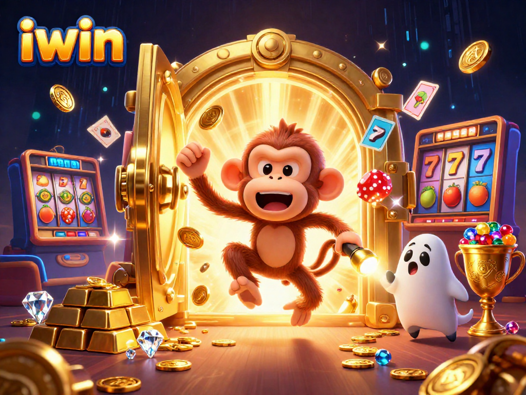 Experience excitement at iwin with a mischievous monkey juggling casino treasures in a vibrant gaming atmosphere.