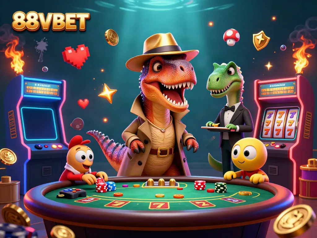 Engage in thrilling blackjack with 88VBET's vibrant 3D casino scene, featuring cartoon dinosaurs.