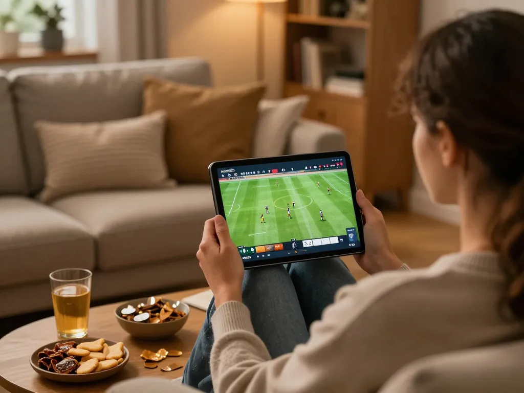 Streaming live football matches on KQBD from the comfort of home using a tablet.