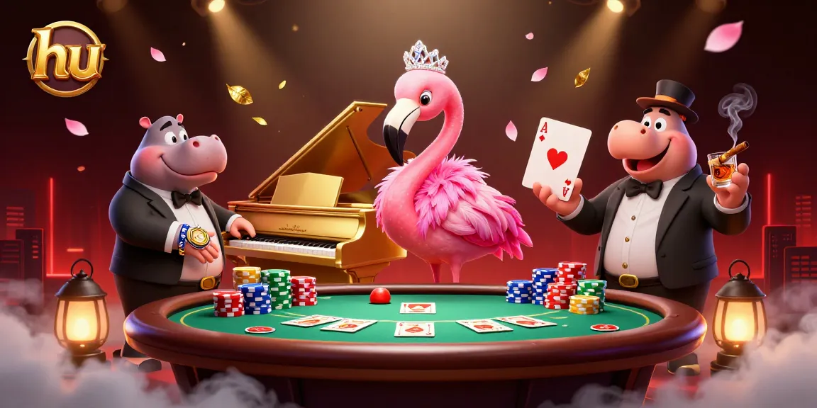 Experience thrilling gameplay at hu with vibrant casino scene featuring singing flamingo and poker action.