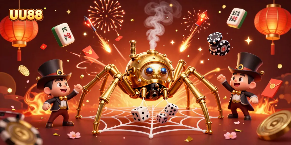 Engage with UU88’s exciting gambling ecosystem featuring a golden spider and dice.