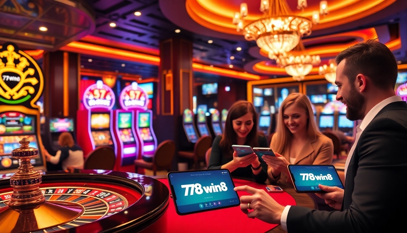 Excited players engaging with their devices showcasing 78win8 in a luxurious casino setting.