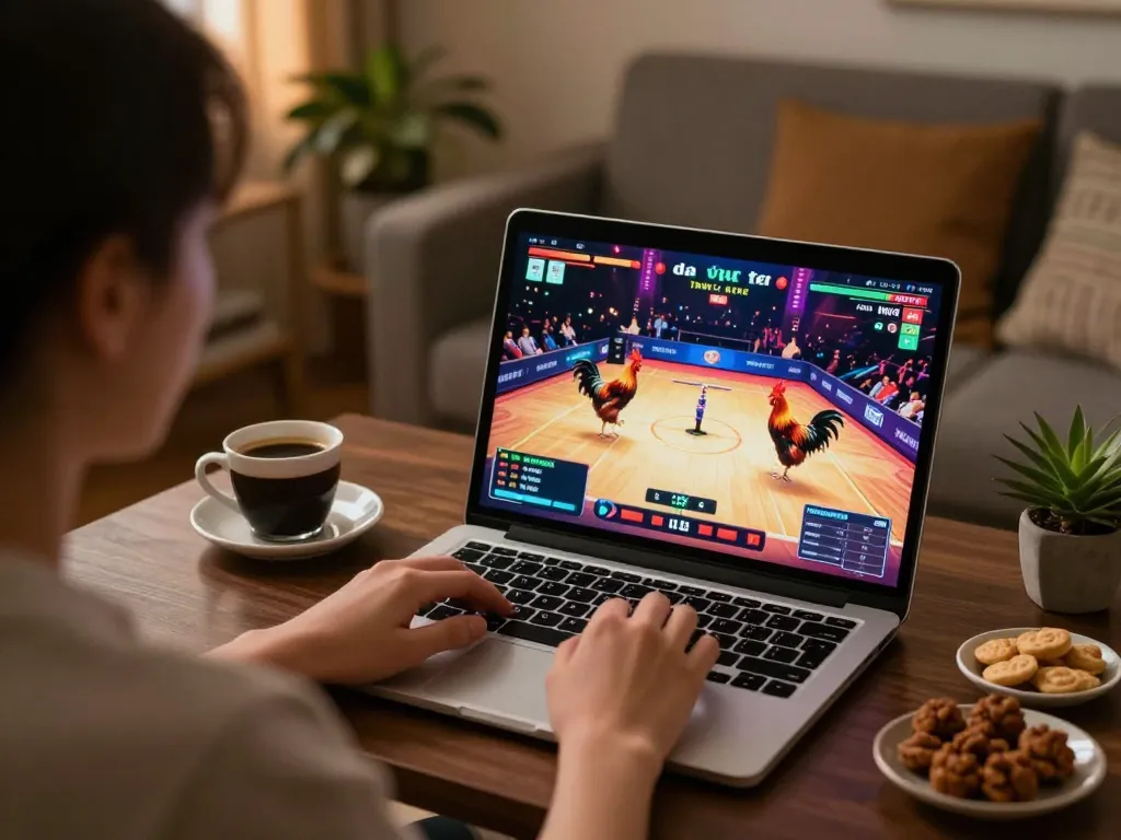 Watch đá gà trực tiếp online on a laptop in a cozy home setting with snacks and vibrant graphics