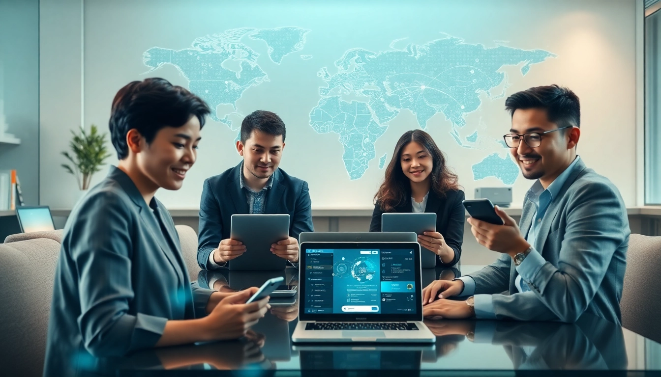 Global connectivity solutions on display at 快连官网 with diverse users interacting with technology.