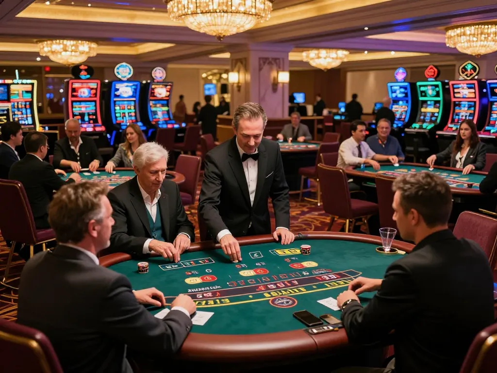 Players strategizing at blackjack tables while enjoying immersive gaming at https://go8.onl/ casino floor.