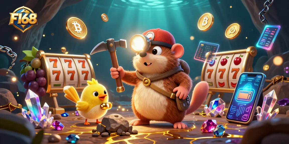 Engage in thrilling gameplay with F168 as it highlights a vibrant, cartoon illustration of a treasure hunter mole amid casino elements.