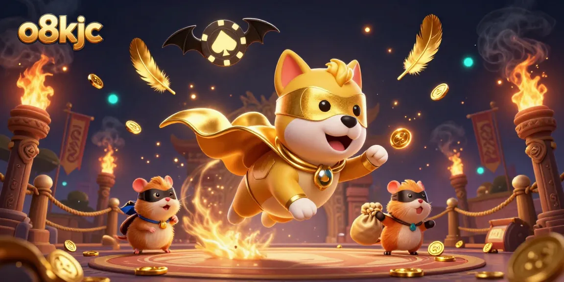 Experience o8kjc with a superhero dog soaring over a golden casino, capturing riches and excitement.