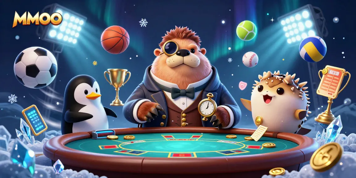 Engage with MMOO in a vibrant underwater poker scene featuring a walrus, penguin dealer, and pufferfish bluffing.