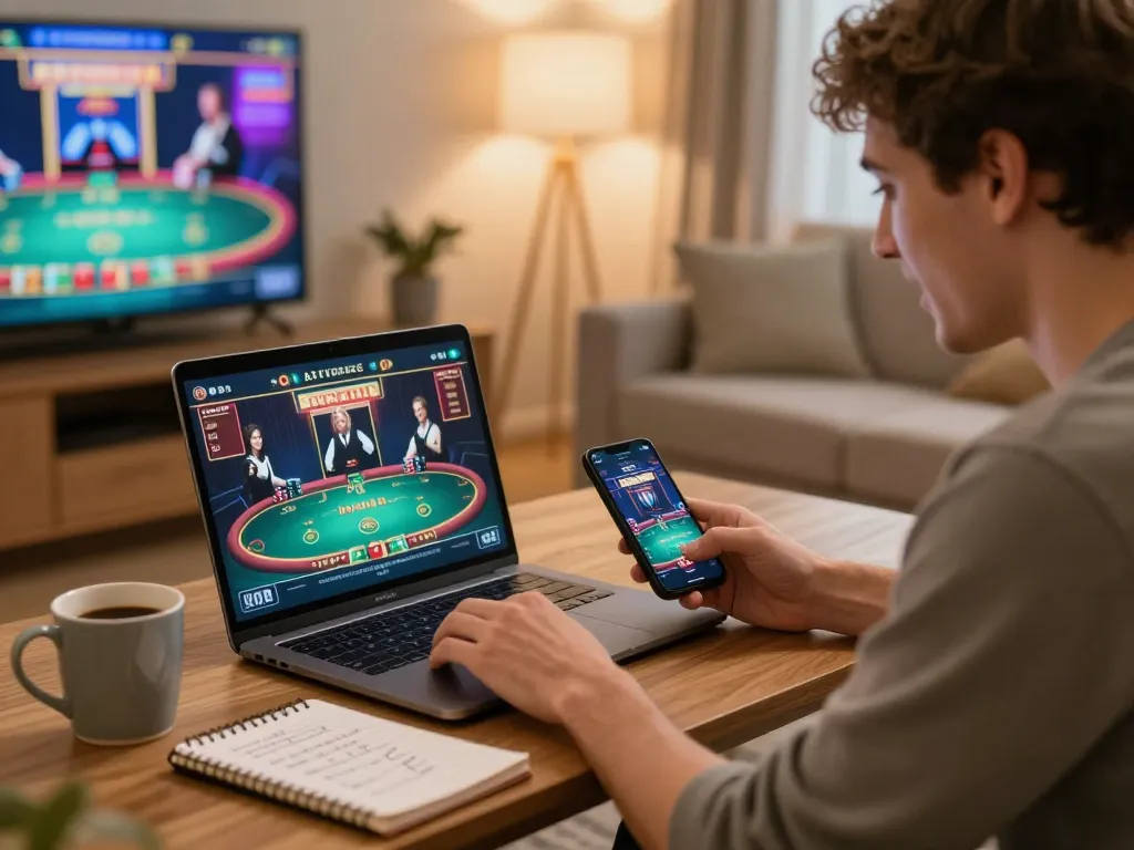Engaging poker gameplay on ok365 in a cozy home setting with laptop and strategy notes.