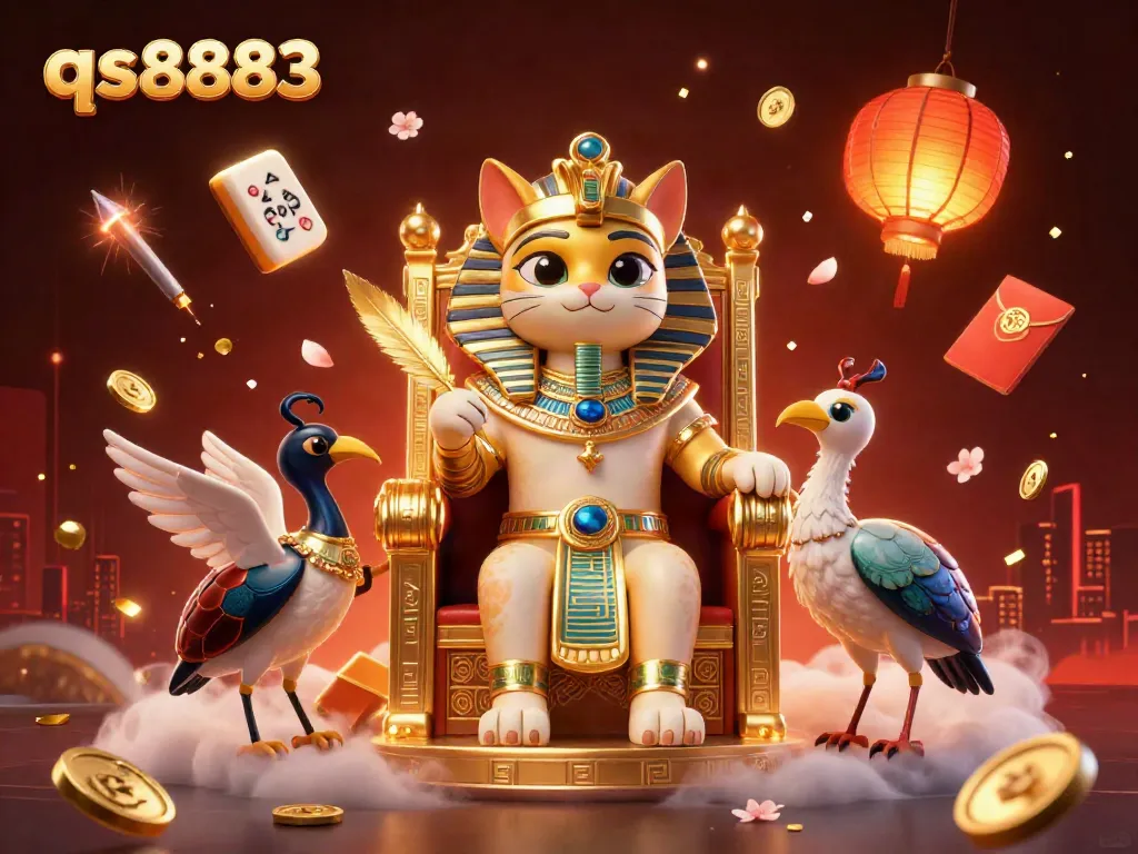 Engage with qs8883's vibrant casino world through a dynamic 3D illustration showcasing an Egyptian pharaoh cat and an ibis scribe amidst dazzling game elements.