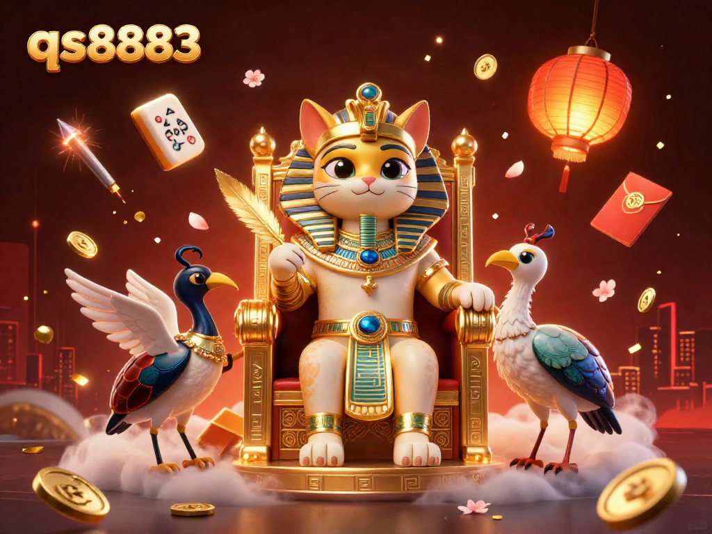 Engage with qs8883's vibrant casino world through a dynamic 3D illustration showcasing an Egyptian pharaoh cat and an ibis scribe amidst dazzling game elements.