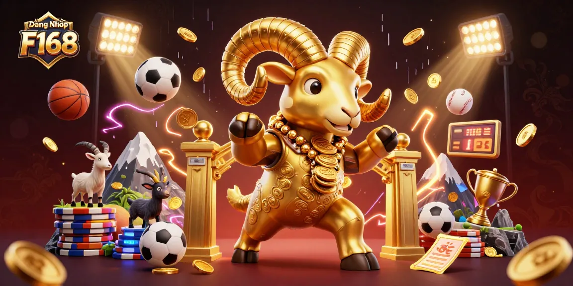 Experience seamless Đăng Nhập F168 with a stunning display of a golden ram and sports elements for online casino excitement.
