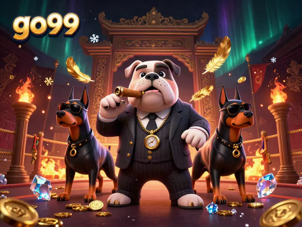 Experience thrilling gambling with go99 as a mafia bulldog in a casino atmosphere surrounded by gold coins and dynamic game elements.