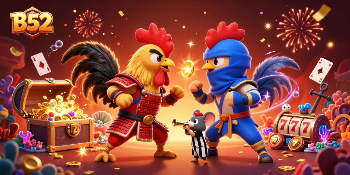 B52 fighting roosters in a casino showdown with colorful slot reels and gold coins