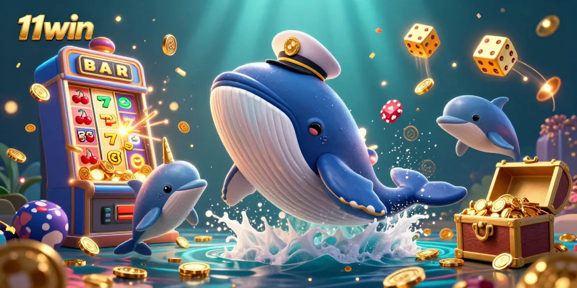 Engage with 11win's vibrant casino experience featuring a whimsical cartoon whale and underwater treasures.