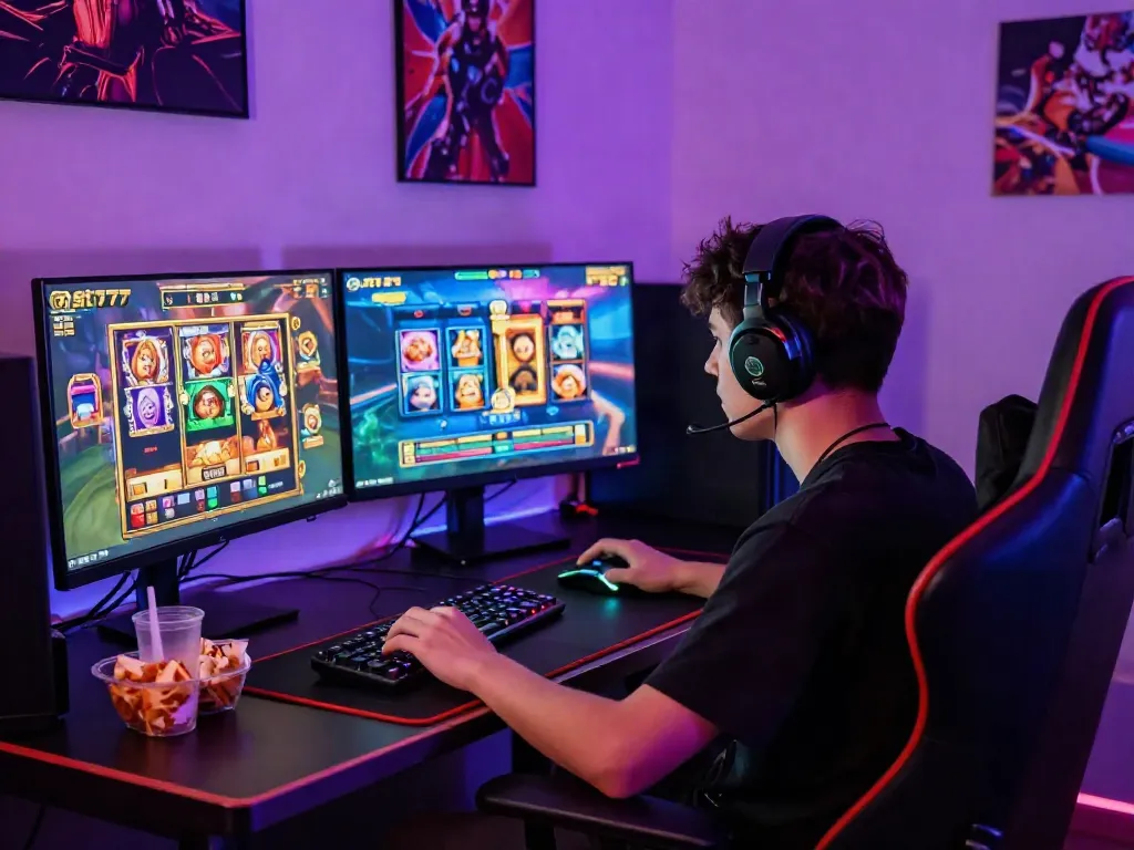 Player engaging with slot777 games on multiple screens, vibrant gaming setup