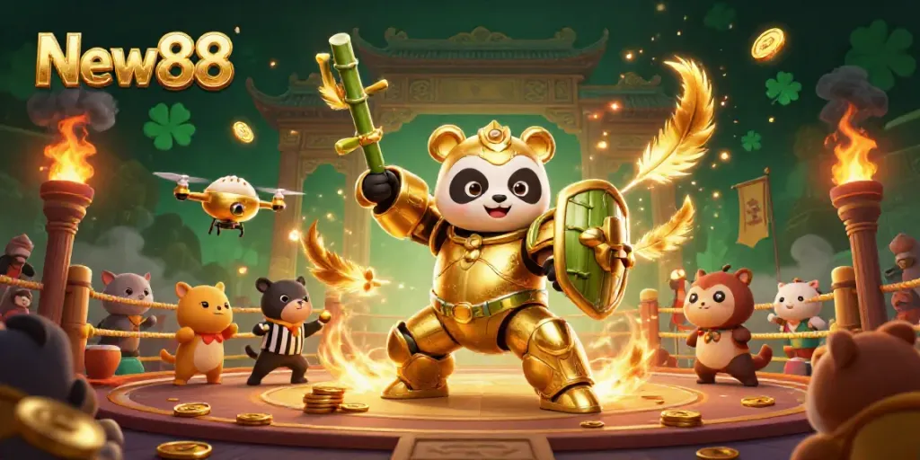 New88 showcases an exciting mech-suit panda in a vibrant gambling arena surrounded by cheering spectators.