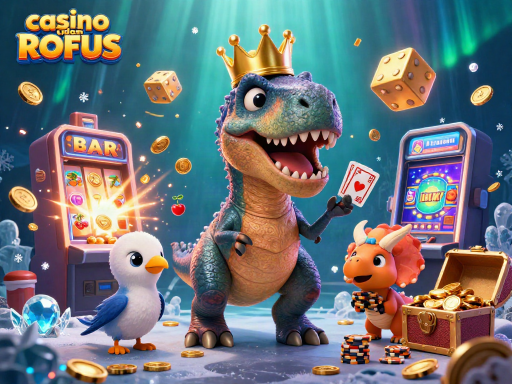 Casino uden ROFUS vibrant illustration depicting a playful T-Rex and friends at a colorful slot machine.