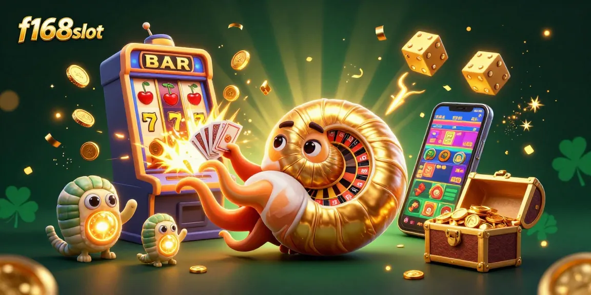 Experience the thrill with f168slot's vibrant illustration of a giant nautilus roulette wheel amidst dazzling casino elements.