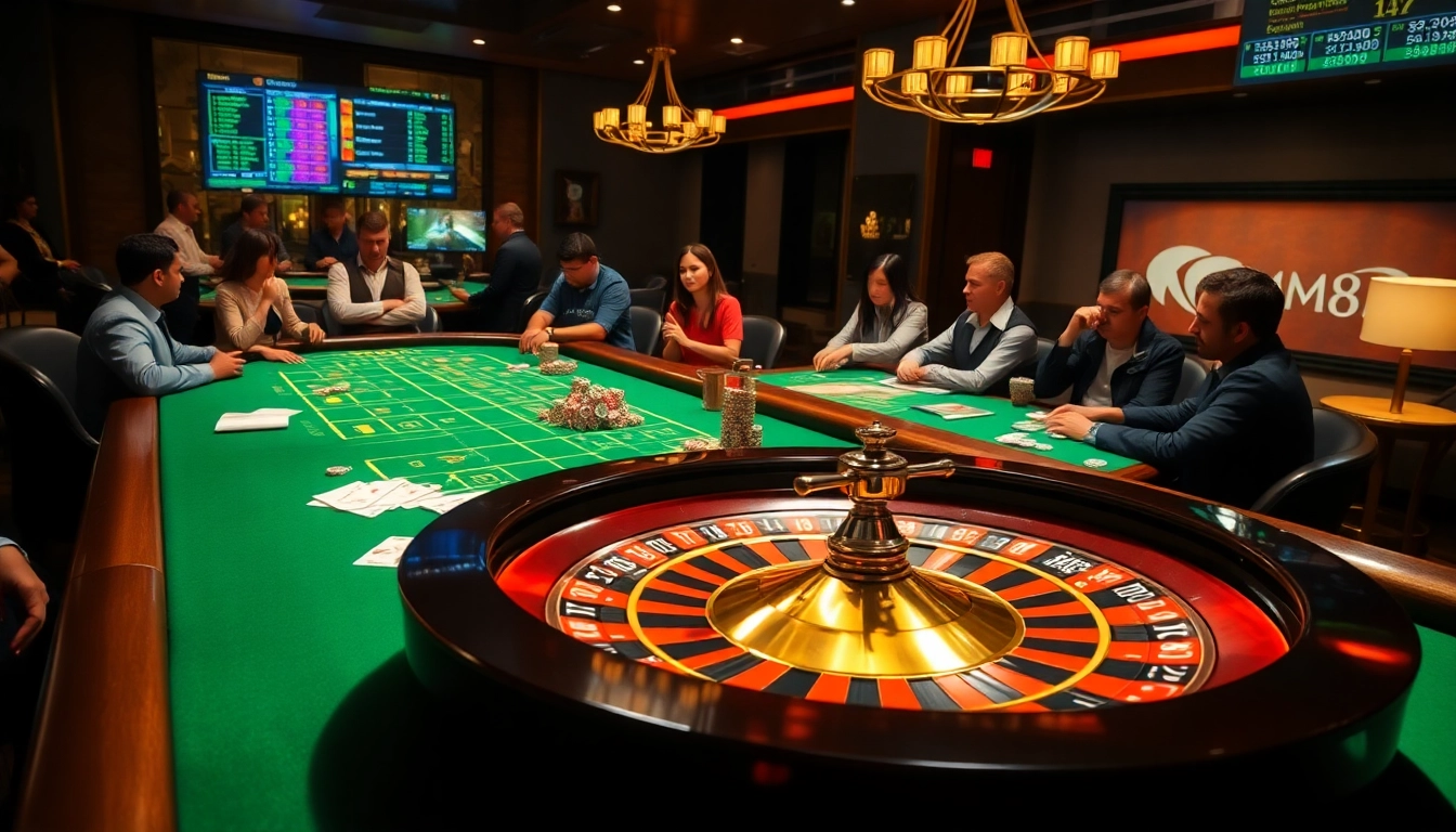 Engage with a lavish MM88 casino setting featuring tables, cards, and excited players.