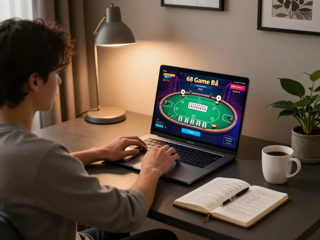 Engaged online player enjoying 68 Game Bài while analyzing gaming strategies at home