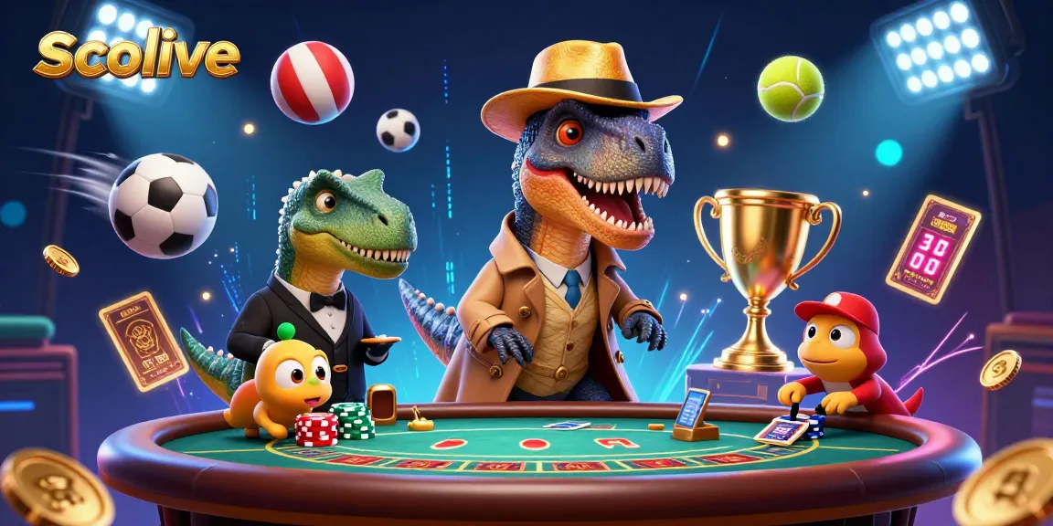 Socolive features a cartoon velociraptor card counter in action at a blackjack table with dynamic sports elements