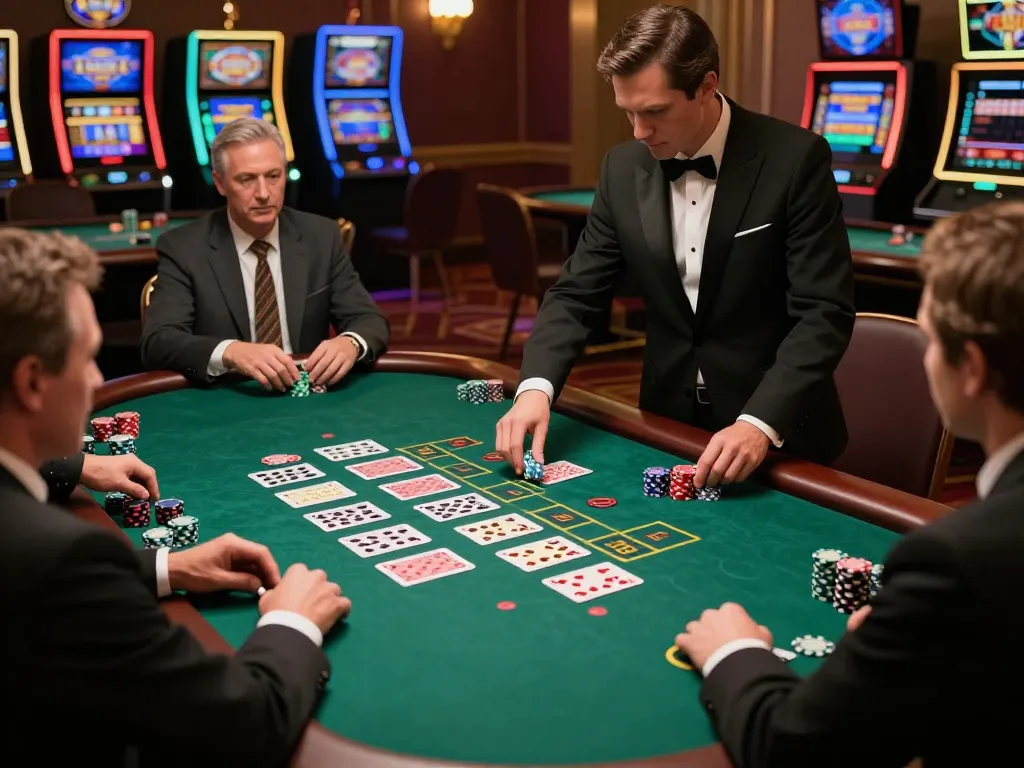 Players engaging in strategic bets at a luxurious blackjack table in a casino, showcasing the DA88 gaming experience