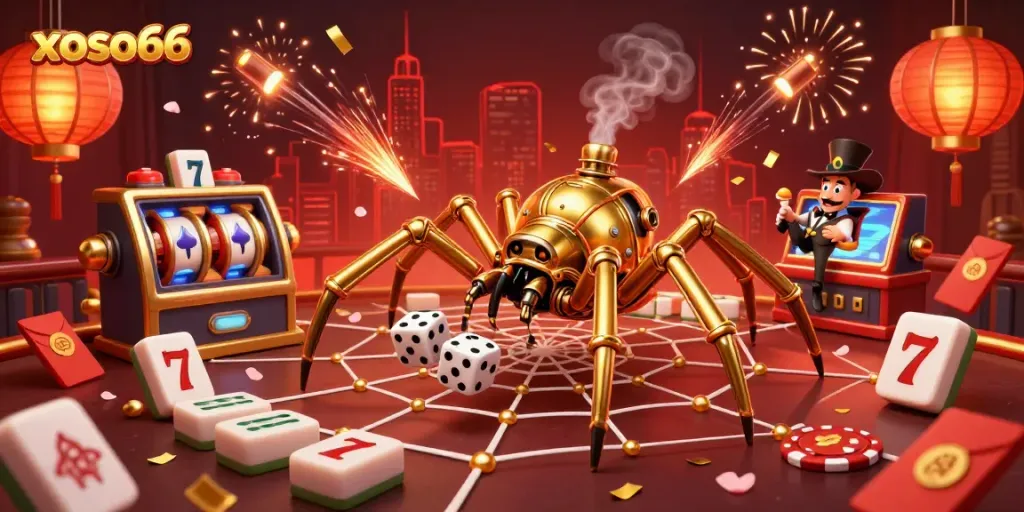 Engage in luck with xoso66 as a golden spider ensnares dice amidst vibrant casino elements.