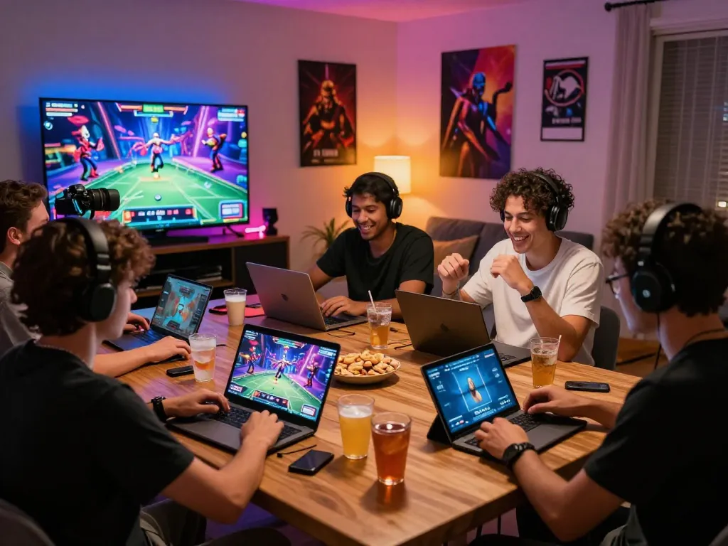 Friends enjoying the 789 club virtual poker game in a cozy living room, showcasing excitement and camaraderie.