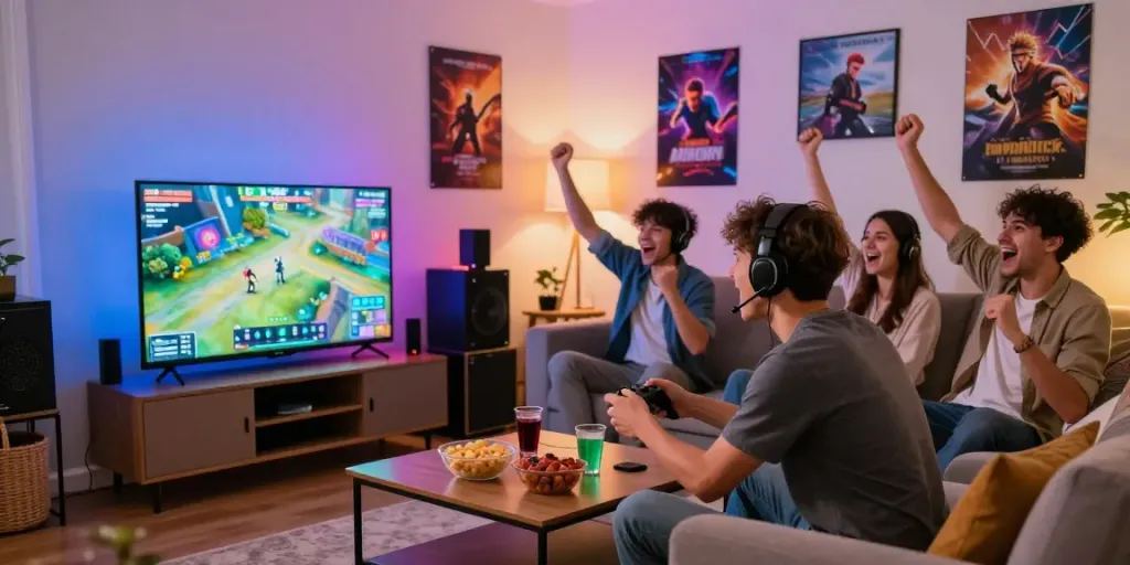 Friends enjoying a gaming night with rokok88-themed decor in a lively living room.
