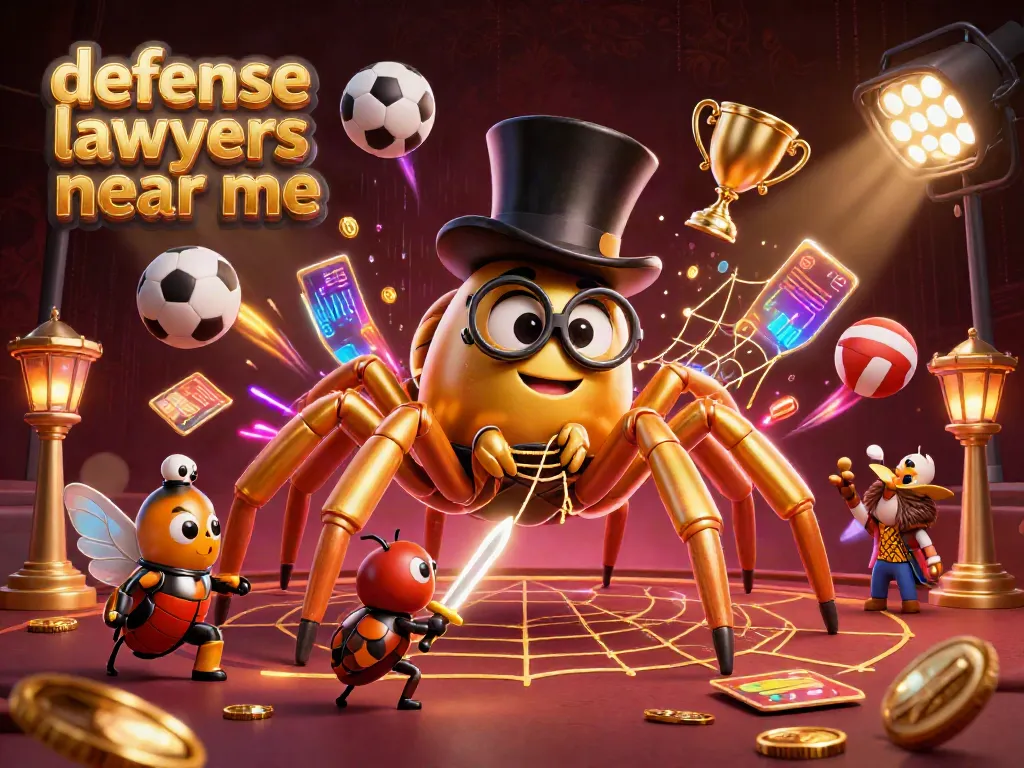 A dynamic scene of a golden tarantula and beetle knight amidst casino sports elements, showcasing defense lawyers near me.