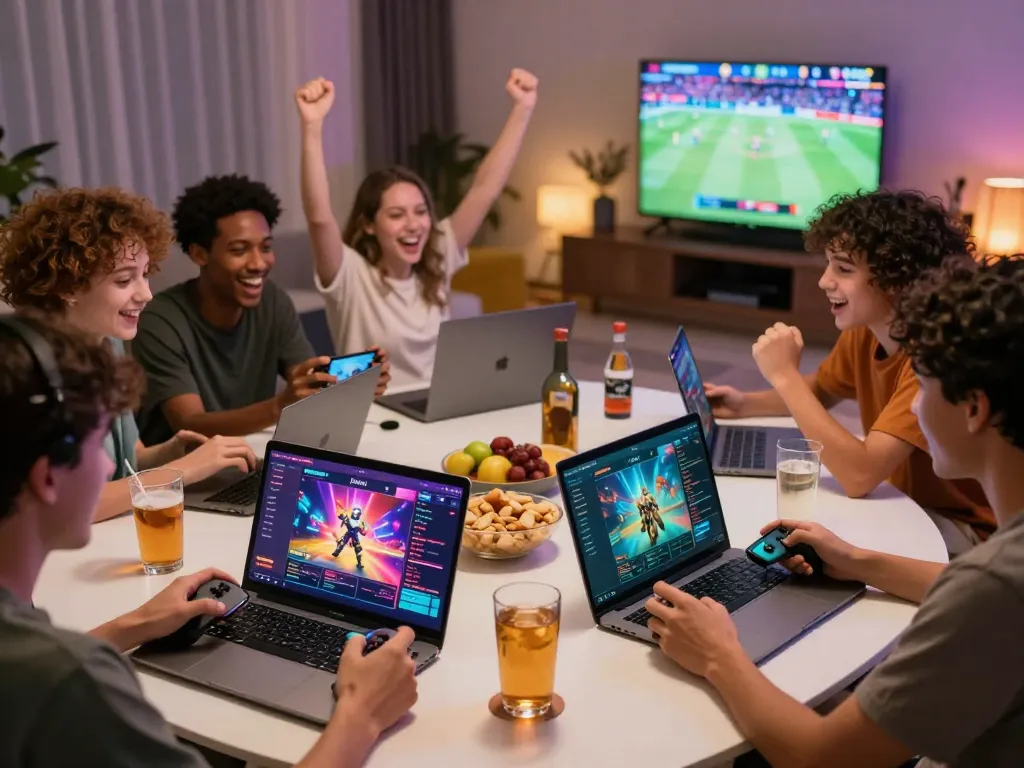 Friends enjoying an interactive gaming session with Nhà cái Kwin on multiple devices, colorful graphics enhancing their experience.