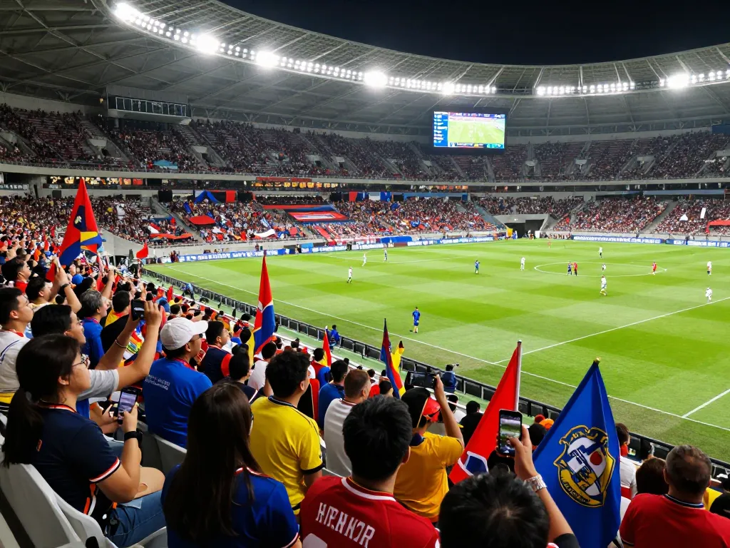 Exciting football match scene at a stadium with fans cheering for 1gom teams