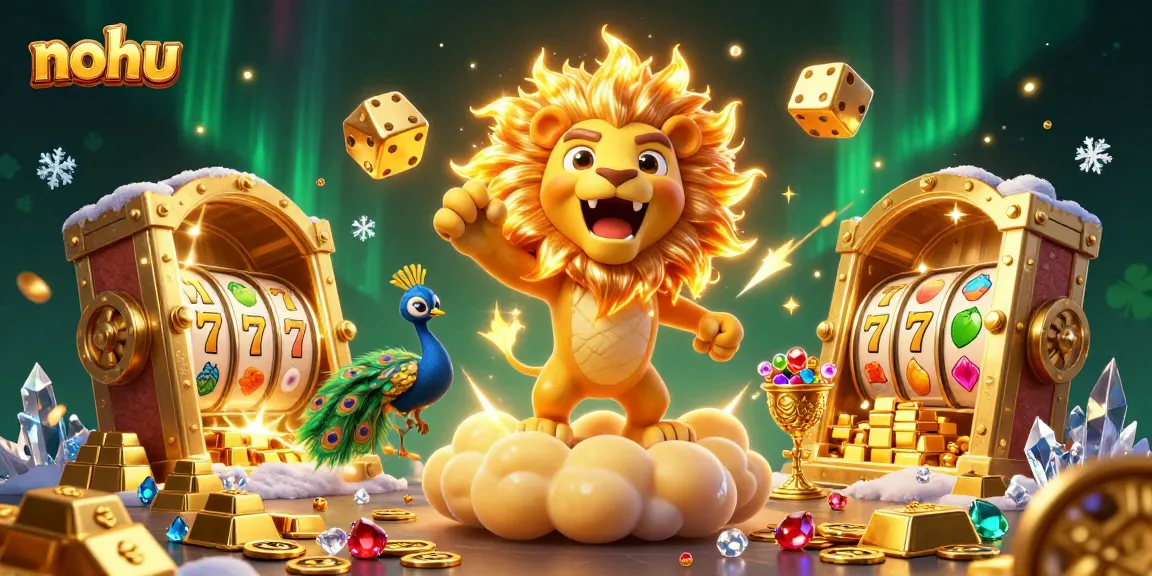 Nohu powers up with a vibrant 3D casino scene featuring golden lion and dynamic slot symbols.