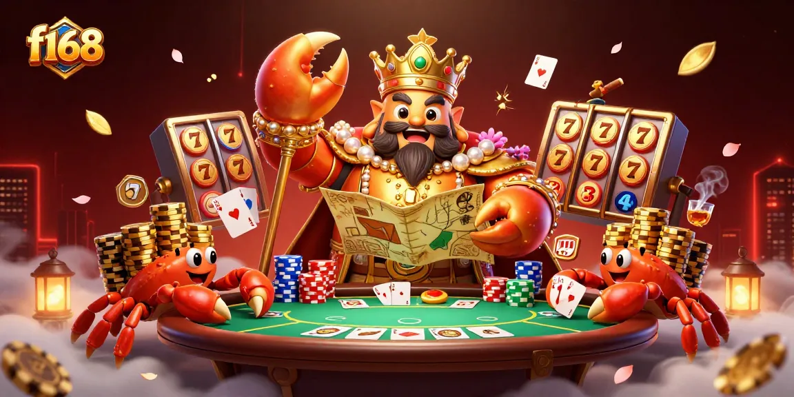 Experience the excitement of f168 with a golden crab emperor amidst vibrant casino elements.
