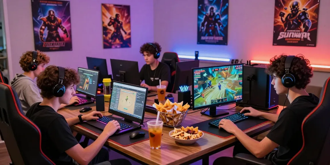 Engaged gamers using the Sunwin APK in a vibrant gaming setting filled with colorful lights and interactive screens.