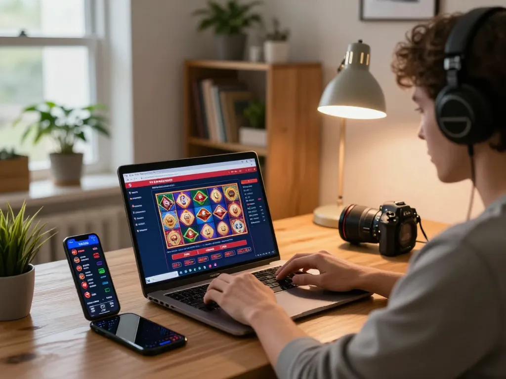 Engaging in HELLO88 online gaming environment with focused player and vibrant casino interface.