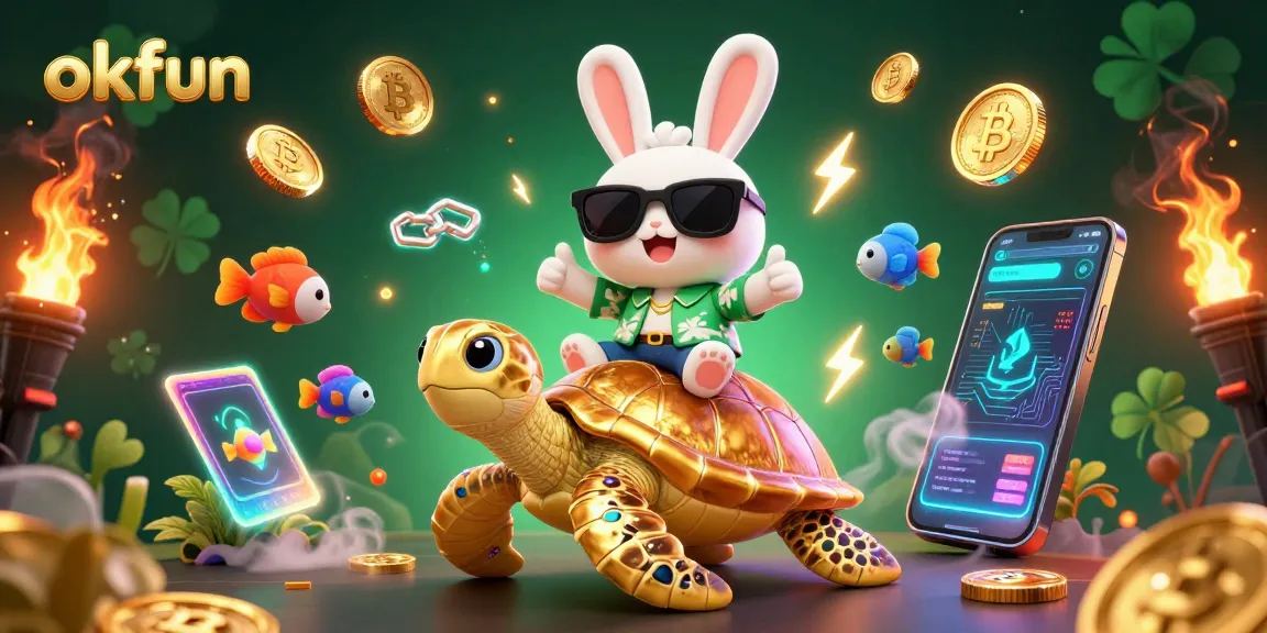 Play exciting games at okfun with the lucky rabbit and golden turtle in a vibrant casino scene.