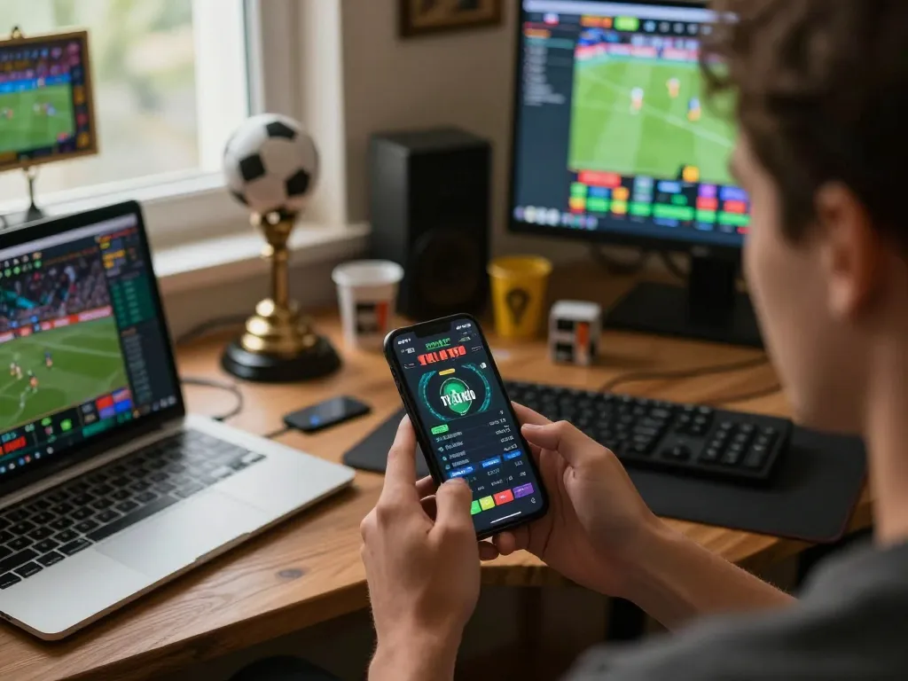 Engaged user analyzing tylekeo sports betting odds on smartphone in a cozy setup.