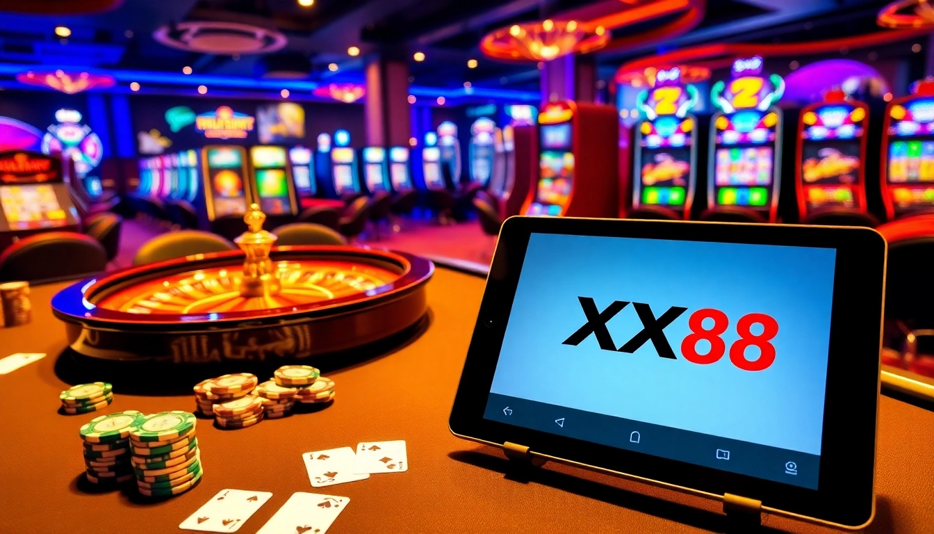 Join the exciting games at XX88 casino with thrilling poker chips and roulette action.