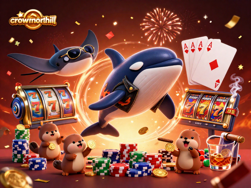 Join the fun at crownnorthill with a vibrant 3D illustration of sea creatures enjoying slots and poker!