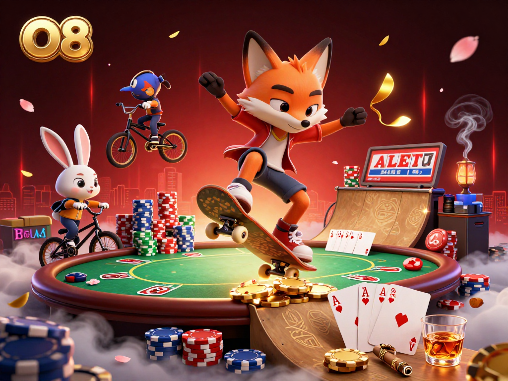 O8 illustrates intense gambling action with a skateboarder fox and BMX rabbit in a vibrant casino scene.