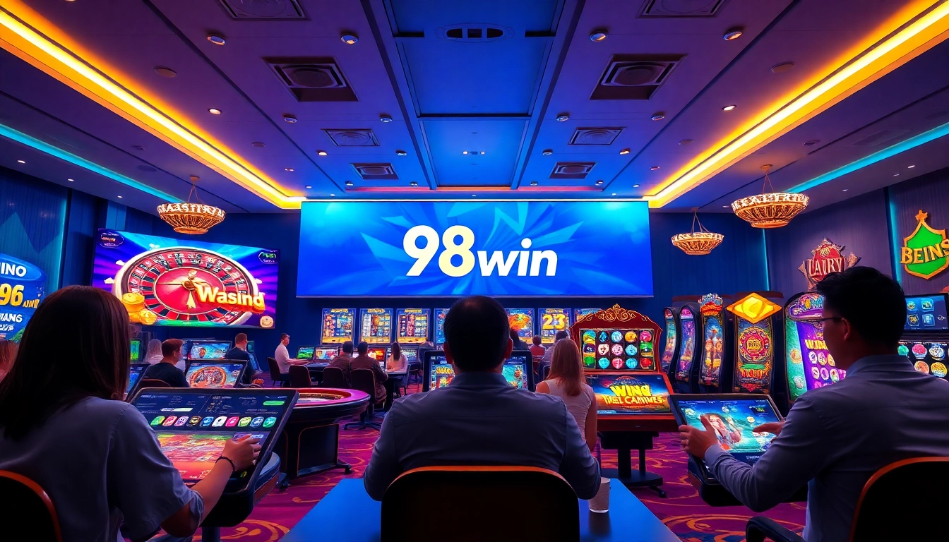 Exciting 98win online casino gaming scene showcasing vibrant roulette, poker, and slot games with engaging players.